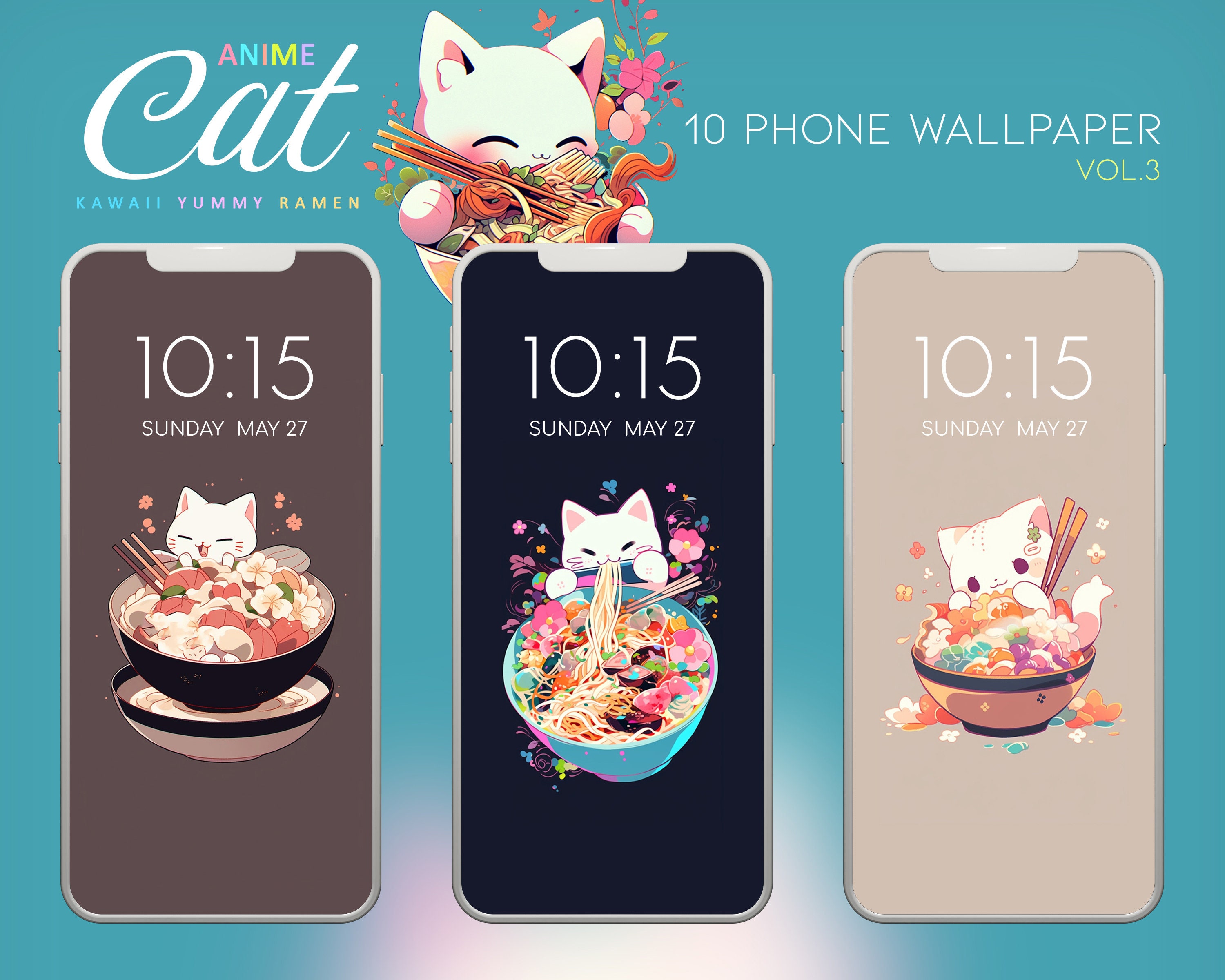 4K Cute Kawaii Anime Cat Phone Wallpaper Bundle, iPhone Cute Cat Ramen ...