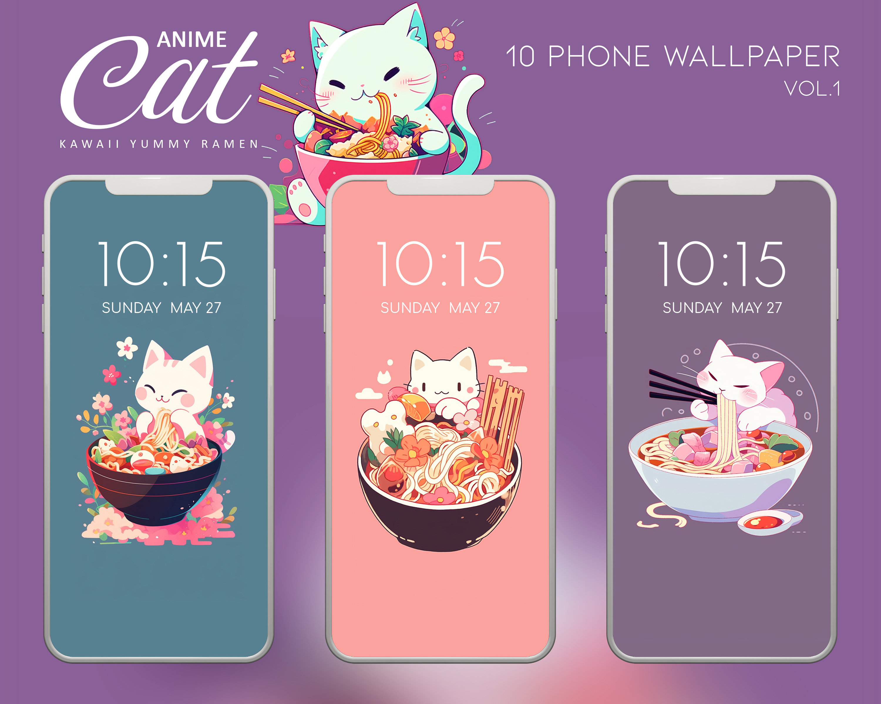 4K Top Anime Cat Phone Wallpaper Bundle, iPhone Kawaii Cute Cat ...