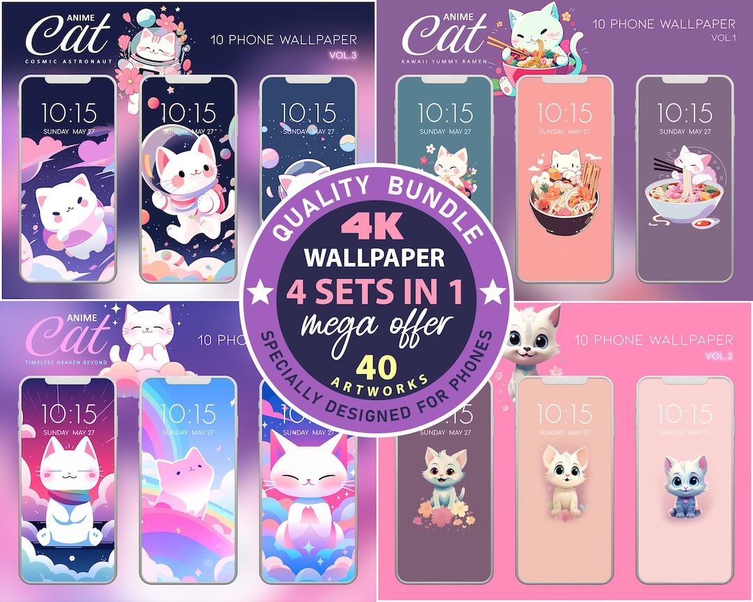 4K Top Anime Cat Phone Wallpaper Bundle, iPhone Kawaii Cute Cat ...