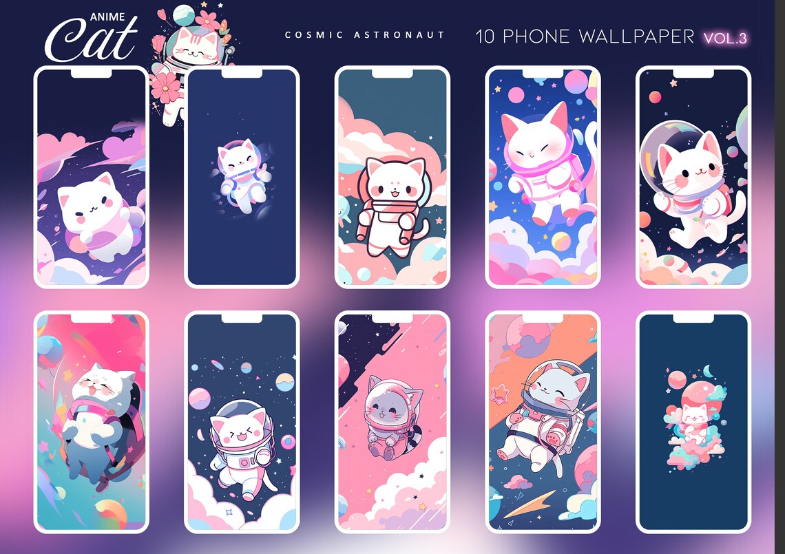 4K Top Anime Cat Phone Wallpaper Bundle, iPhone Kawaii Cute Cat ...