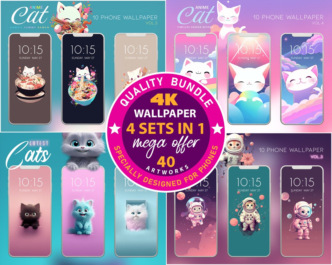 4K Cute Kawaii Anime Cat Phone Wallpaper Bundle, iPhone Cute Cat Ramen ...