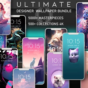 May include: A selection of smartphones showcasing digital wallpapers with diverse themes. The wallpapers include a meditating woman, a lion, a wolf, and a cat. The text "ULTIMATE DESIGNER WALLPAPER BUNDLE" is displayed at the top.