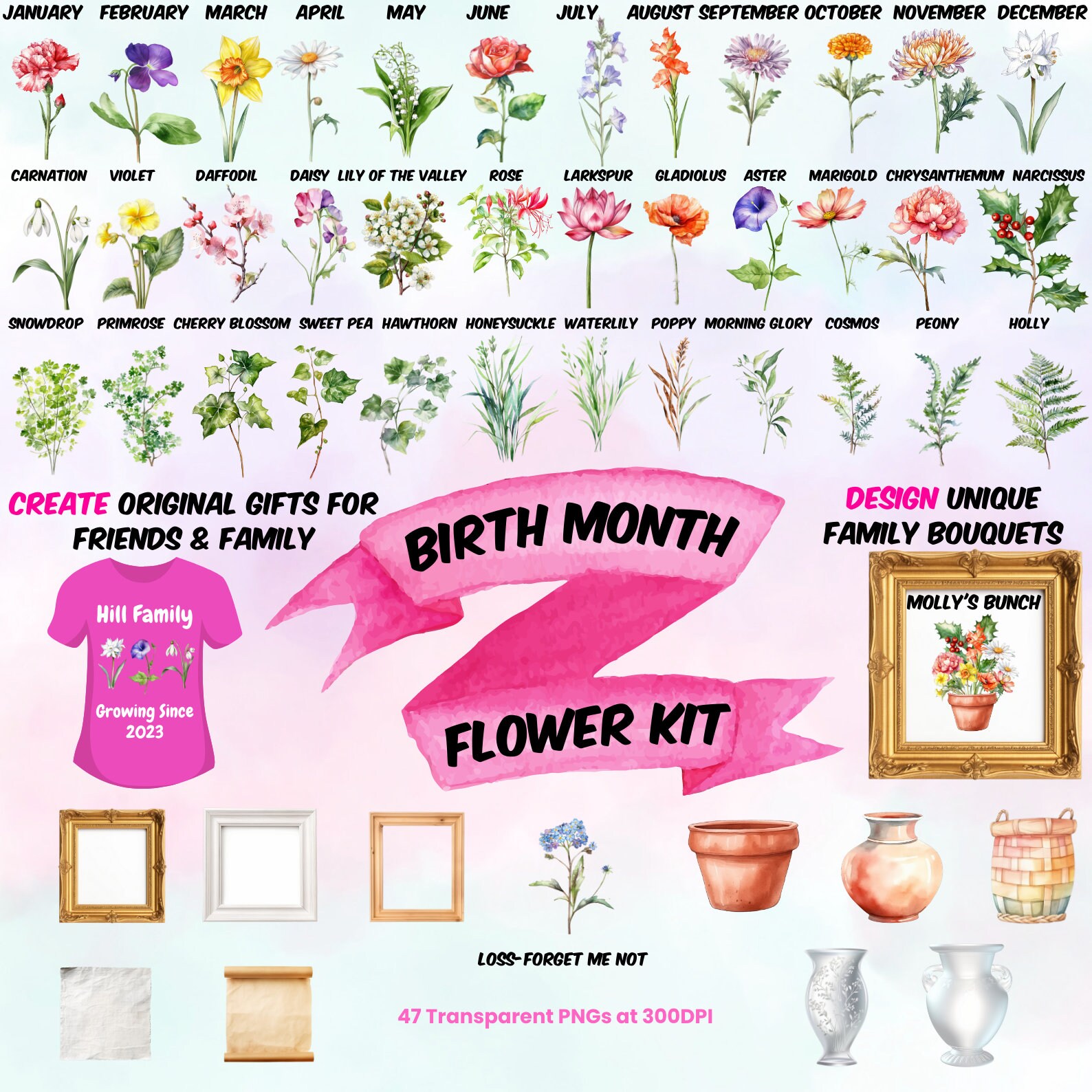 Birth Month Flowers Clipart, Watercolor Floral PNG Bundle, DIY Birth ...