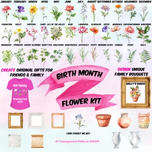Birth Month Flowers Clipart, Watercolor Floral PNG bundle, DIY Birth Month Flower Print Creator Kit, Mother&#39;s day Gift, Botanical Clipart.