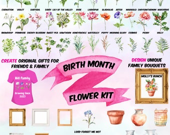 Birth Month Flowers Clipart, Watercolor Floral PNG bundle, DIY Birth Month Flower Print Creator Kit, Mother's day Gift, Botanical Clipart.