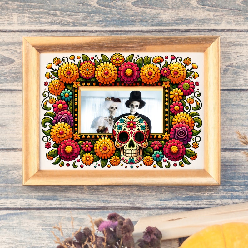Cute Day Of The Dead Floral Frame Clipart Bundle Dia De Los Muertos Flower Frame PNG Traditional Mexican Halloween Frame Flower Border Frame image 4
