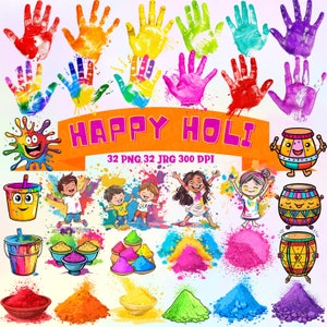 ハッピーホーリークリップアートバンドル インドの祭りのクリップアート カラフルな手 PNG ホーリー 印刷可能 かわいいホーリー パーティー デコレーション デザイン インドのヒンズー教の祭りアート