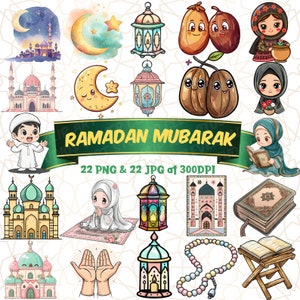May include: A set of 22 digital illustrations for Ramadan. The illustrations include a mosque, crescent moon, stars, lanterns, dates, prayer beads, a Quran, and cartoon people. The illustrations are in a cartoon style and are perfect for use in greeting cards, social media posts, or other digital projects.