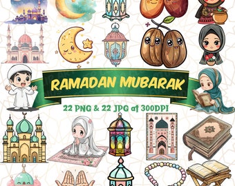 Ramadan Mubarak PNG Bundle Islamic Printable Ramadan Decoration Islamic Clipart Ramazan Kareem Masjid Lantern Quran Crescent Moon Muslim Kid