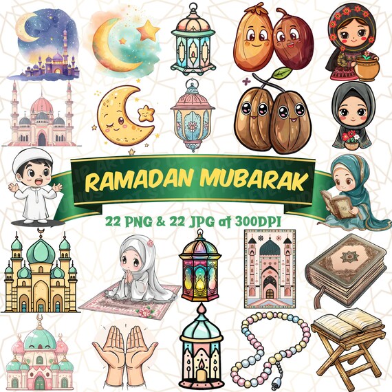 Ramadan Mubarak PNG Bundle Islamic Printable Ramadan Decoration Islamic Clipart Ramazan Kareem Masjid Lantern Quran Crescent Moon Muslim Kid