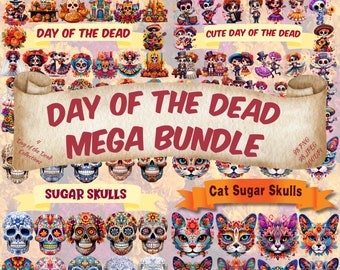 May include: A digital download of 98 colourful Day of the Dead sugar skull illustrations, including both traditional and cat-themed designs. The illustrations are perfect for crafting, scrapbooking, and digital projects.