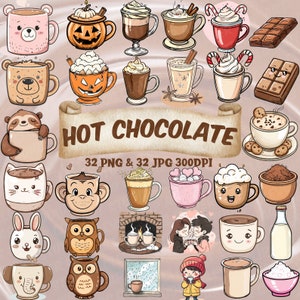 Bundle di clipart di cioccolata calda Hot Cocoa PNG Bundle dolce barretta di cioccolata calda, tazza, marshmallow, carino Kawaii scaricabile per gli amanti del cioccolato