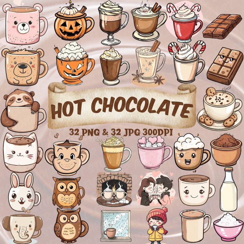 Varm choklad Clipart-paket Varm choklad PNG-paket Söt varm chokladkaka Kopp Mugg Marshmallows Söt Kawaii Nedladdningsbar för chokladälskare bild 1