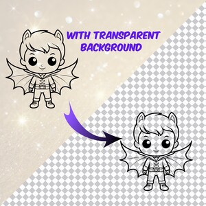 May include: Black and white line art illustration of a cartoon boy wearing a cape and bat ears. The boy is smiling and has large eyes. The image has a transparent background.