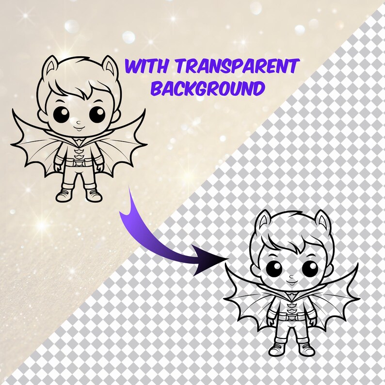 May include: Black and white line art illustration of a cartoon boy wearing a cape and bat ears. The boy is smiling and has large eyes. The image has a transparent background.
