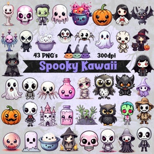 Spooky Kawaii carino Halloween Clipart disegni spaventosi grafica carina raccapricciante Horror raccapricciante Kawaii PNG Bundle Scaricabile scheletro strega Clipart