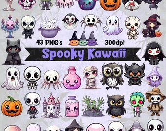Spooky Kawaii Cute Halloween Clipart Diseños de miedo Creepy Cute Graphics Horror Creepy Kawaii PNG Bundle Descargable Esqueleto Bruja Clipart