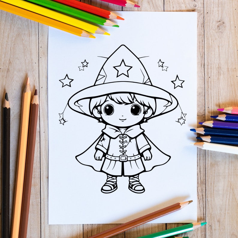 May include: A black and white line drawing of a young wizard wearing a pointed hat with a star on top. The wizard is wearing a long robe with a belt and has a friendly expression.