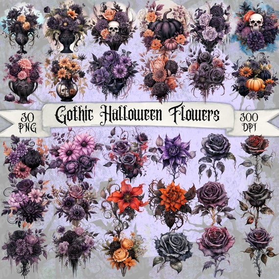 Gothic Halloween Flowers Clipart Bundle Gothic Graphics Dark Moody Floral Printable Halloween Wedding Flowers Clipart Transparent PNG Bundle