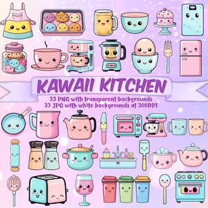 Süße Kawaii Küche Clipart Bundle Kawaii Herunterladbare Clipart Süß Backen Zubehör Transparente Clipart Kawaii Pastell Küche PNG Bundle