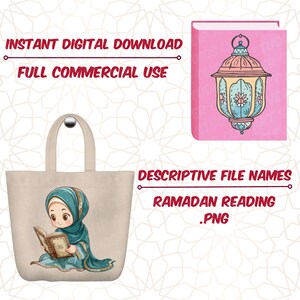 May include: A beige tote bag with a cartoon illustration of a girl wearing a blue headscarf and reading a book. The bag has a light blue handle. The text "Ramadan Reading .PNG" is visible on a pink background.