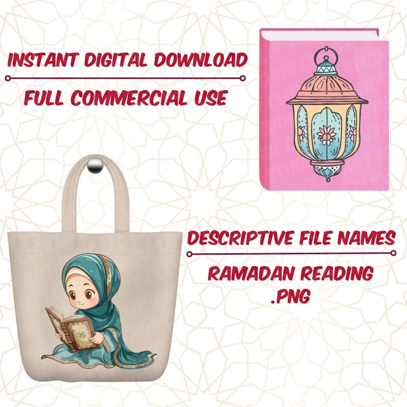 May include: A beige tote bag with a cartoon illustration of a girl wearing a blue headscarf and reading a book. The bag has a light blue handle. The text "Ramadan Reading .PNG" is visible on a pink background.