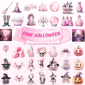Op de afbeelding: Een set van 37 roze Halloween-thema digitale illustraties. De illustraties omvatten een heksenhoed, een ketel, een spook, een spin, een pompoen, een vleermuis, een schedel, een spookhuis, een heks, een kat, een snoepstok, een lolly, een drankfles, een kristallen bol, een kist, een kerkhof, een kandelaar, een krans en meer.