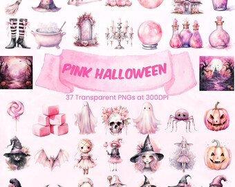 Clipart de Halloween rosa, lindo clip art de acuarela rosa, fantasma de fiesta de Halloween espeluznante, jack-o-lantern png, pociones de brujas, clipart prediseñado