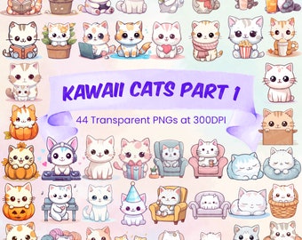 Cute Cat Kawaii Clipart Bundle Cute Kitten Clipart Transparent PNG Bundle Kawai Printable Kawaii Cat PNG Kawaii Kitty Cute Downloadable PNG