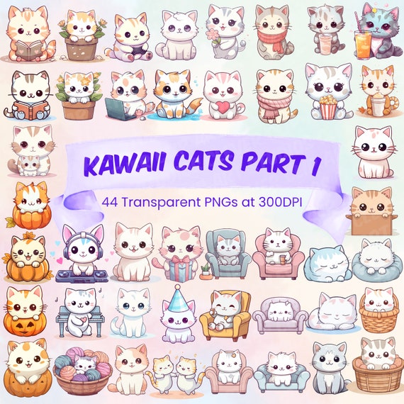 Cute Cat Kawaii Clipart Bundle Cute Kitten Clipart Transparent PNG Bundle Kawai Printable Kawaii Cat PNG Kawaii Kitty Cute Downloadable PNG