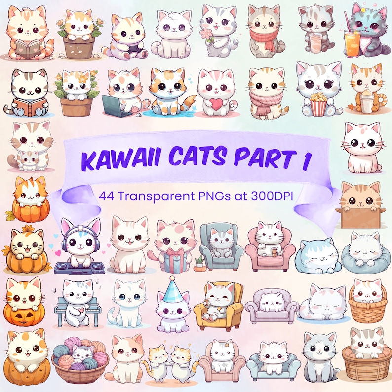 May include: A collection of 44 cute cartoon cat illustrations in various poses and outfits. The cats are drawn in a kawaii style with big eyes and bright colors. The image includes a banner that reads "Kawaii Cats Part 1" and "44 Transparent PNGs at 300DPI".