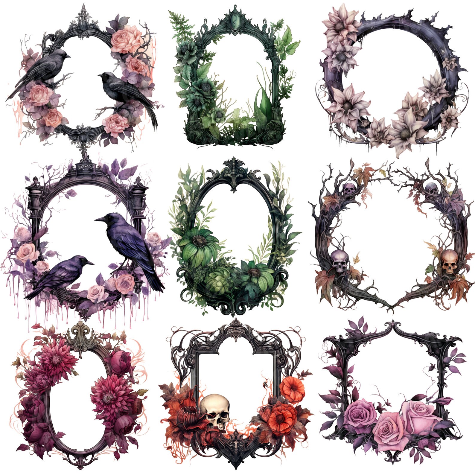 Gothic Halloween Flower Frame Clipart Bundle Gothic Floral Frames ...