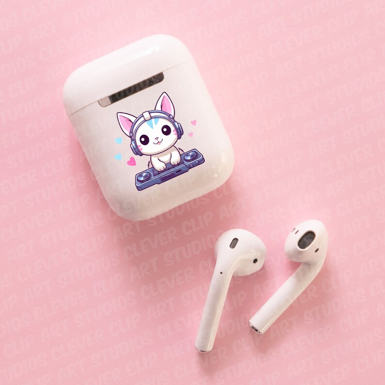 May include: White wireless earbuds with a charging case featuring a cartoon white cat wearing headphones and holding a record player. The cat has blue eyes and pink accents on its ears and headphones. The case has a pink background with small pink hearts.