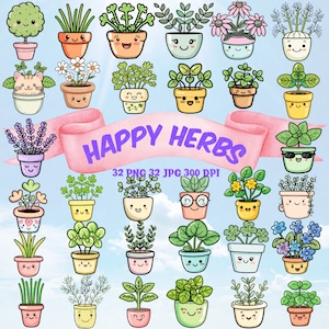 Pacote de clipart de ervas felizes, planta em vaso, jardinagem de ervas, clipart kawaii, vaso de ervas fofo, salsa, louro, alecrim, hortelã, lavanda, clipart para impressão PNG