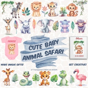 Simpatico cucciolo di animale da safari - 27 Clipart di animali e foglie da safari ad acquerello, PNG trasparenti - Baby Shower, Asilo nido, Compleanno, Leone, Tigre, Scimmia