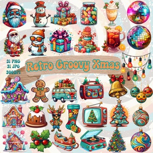 Retro Groovy Christmas Clipart Bundle Groovy Retro Christmas PNG Bundle Premade Clipart 60s 70s Retro Groovy Theme Printable Transparent PNG