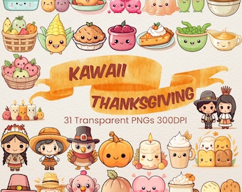 Kawaii Thanksgiving Cute Clipart Bundle Cute Fall Pumpkin Spice PNG Bundle Autumnal Clipart Thanksgiving Printable Download Premade Clipart