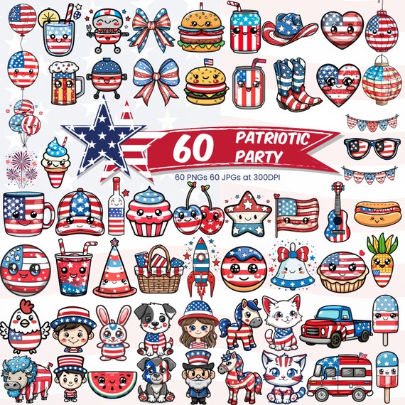 Cute Patriotic Party Independence Day PNG Bundle 4th July Clipart American BBQ Party Balloons Fireworks Stars and Stripes Kawaii Download