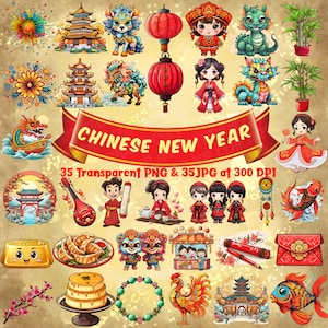 Chinees Nieuwjaar Clipart Bundel Jaar van de Draak Schattige Chinese Draak PNG Bundel Lantaarn Rode Envelop Lucky Bamboo Jiaozi Vuurwerk Clipart