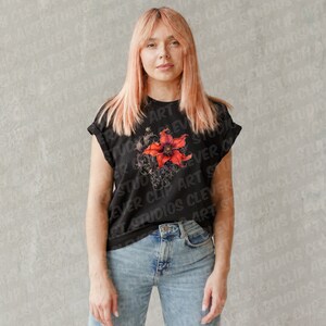 May include: A black t-shirt with a red floral design and the text "STUDIOS CLEVER CLIP ART" repeated on the front.