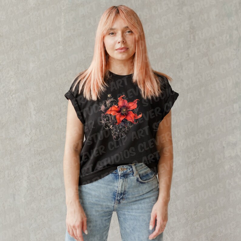 May include: A black t-shirt with a red floral design and the text "STUDIOS CLEVER CLIP ART" repeated on the front.
