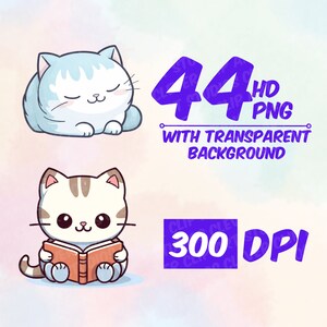 May include: Two cartoon cats, one sleeping and one reading a book. The image is a digital download of 44 high-definition PNG files with transparent backgrounds and 300 DPI resolution.