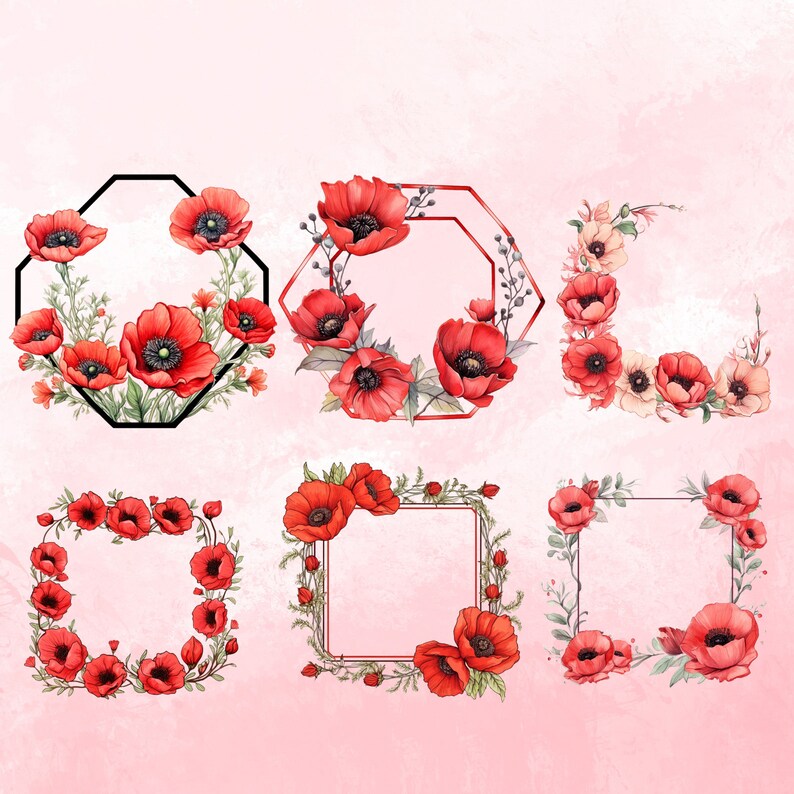 Poppy Floral Frames Clipart Bundle Watercolor Red Poppies Wreath ...