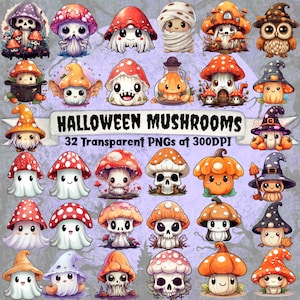 Clipart champignons d'Halloween mignons champignons Kawaii Fungi PNG Bundle Champignon citrouille Halloween champignon fantôme sorcière Cottagecore champignon vénéneux