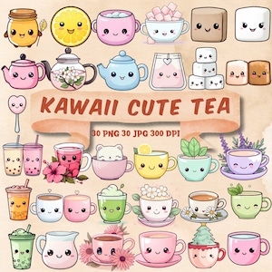 Kawaii niedlich Tee Clipart Sammlung Pastell Kawaii Tee PNG Bundle vorgefertigte Clipart niedlich Kawaii Bubble Tea Tasse Zucker Teekanne Clipart Printable