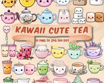 Kawaii Cute Tea Clipart Collection Pastel Kawaii Tea PNG Bundle Premade Clipart Cute Kawaii Bubble Tea Cup Sugar Teapot Clipart Printable