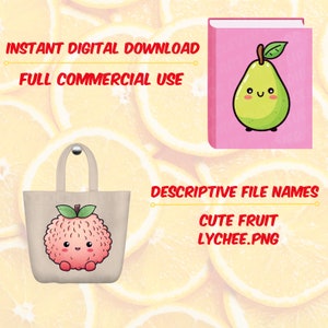 Söt Kawaii Frukt Clipart Bundle Akvarell Söt Frukt PNG Söt Sommarfrukt Set Transparent Tropiska Frukter Kawaii Jordgubb Citron Lime bild 6