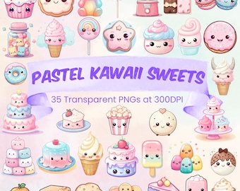 Pastel Cute Kawaii Sweet Treats Clipart Bundle Kawaii Downloadable Clipart Cute Sweets Transparent PNG Bundle Cake Clipart Candy PNG Sweets