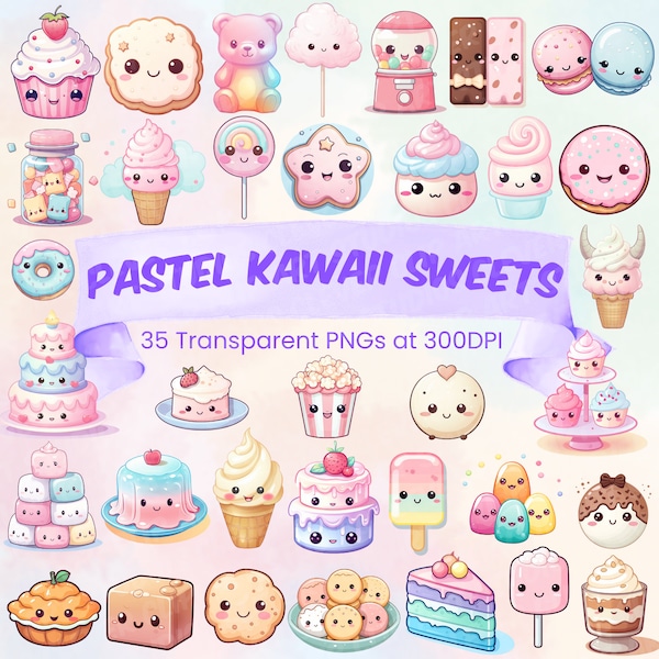 Pastel Cute Kawaii Sweet Treats Clipart Bundle Kawaii Downloadable Clipart Cute Sweets Transparent PNG Bundle Cake Clipart Candy PNG Sweets