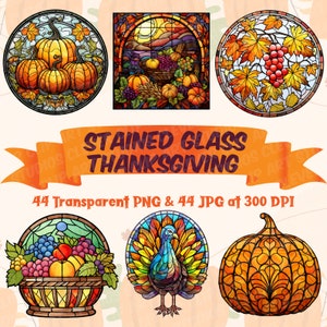 Ensemble de cliparts vitrail pour Thanksgiving, forme carrée et ronde PNG en forme de vitrail, sublimation de motifs pour ornement PNG pour Thanksgiving